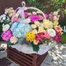 Корзина с гортензией, роз и хризантем «Летняя мечта»
